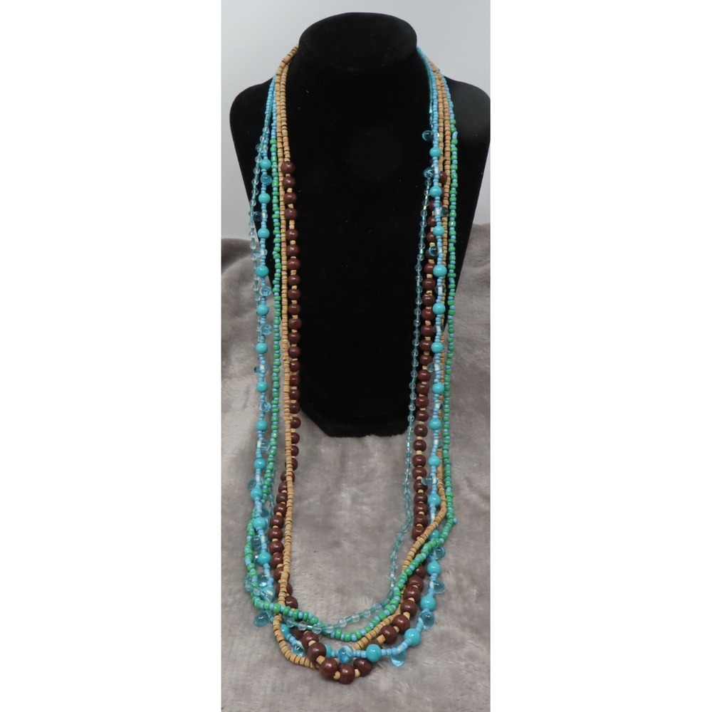 Vintage Boho Chic Wood /Plastic Beads Multi Strand Necklace Funky Multicolor 33" - Picture 2 of 7